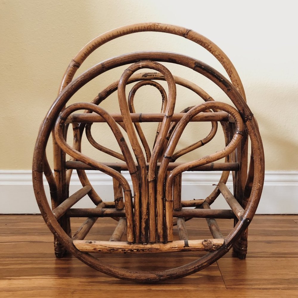 Vintage Rattan Record Magazine Rack